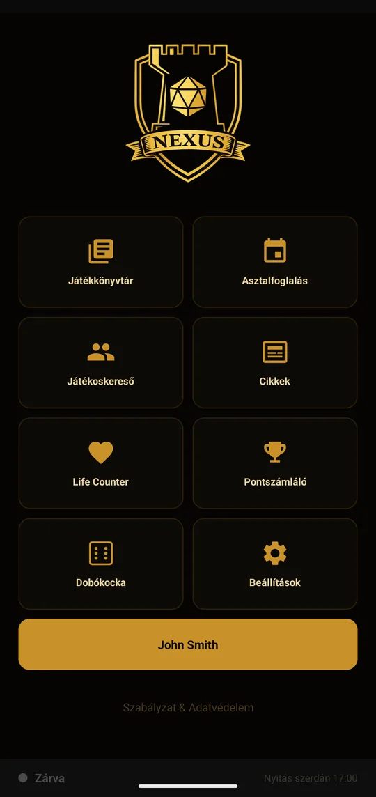 NEXUS alkalmazás — kezdőképernyő a klub funkcióival