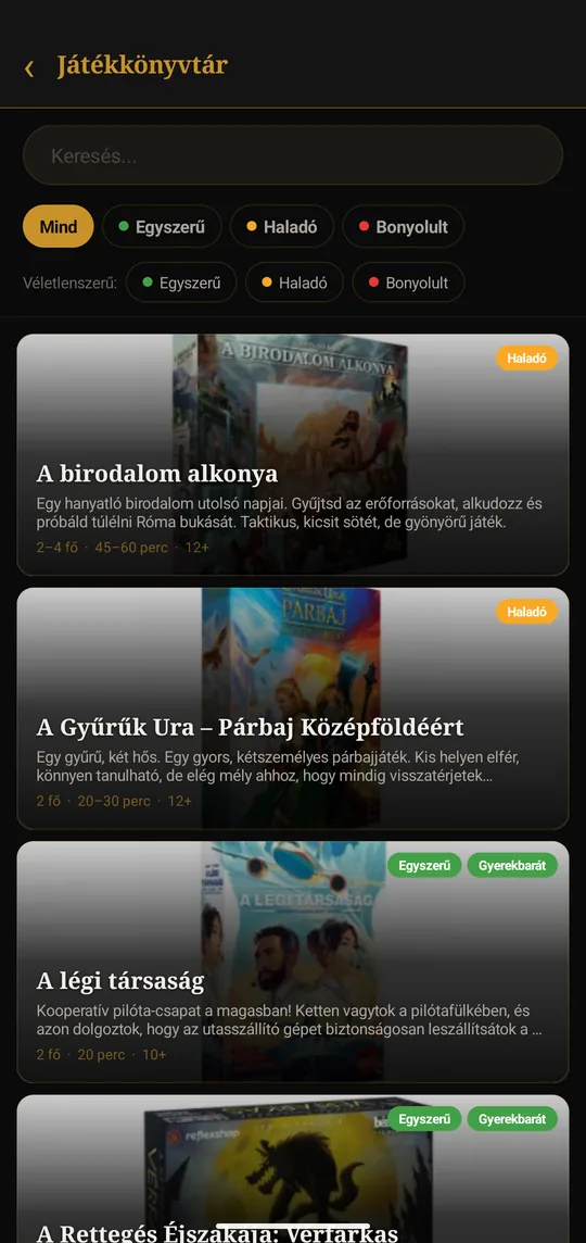 NEXUS alkalmazás — játékkönyvtár nehézségi szűrővel